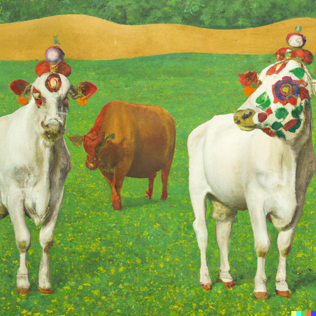 Prompt: brahman cows with clown heads on green meadows by Gustave Klimt