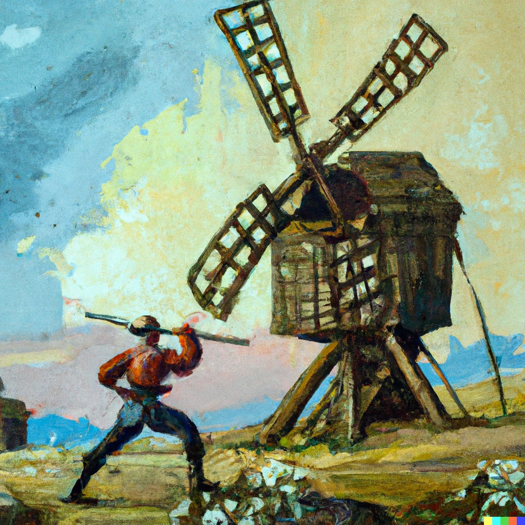 Prompt: Oil painting of a spanish armyman fighting against a windmill
