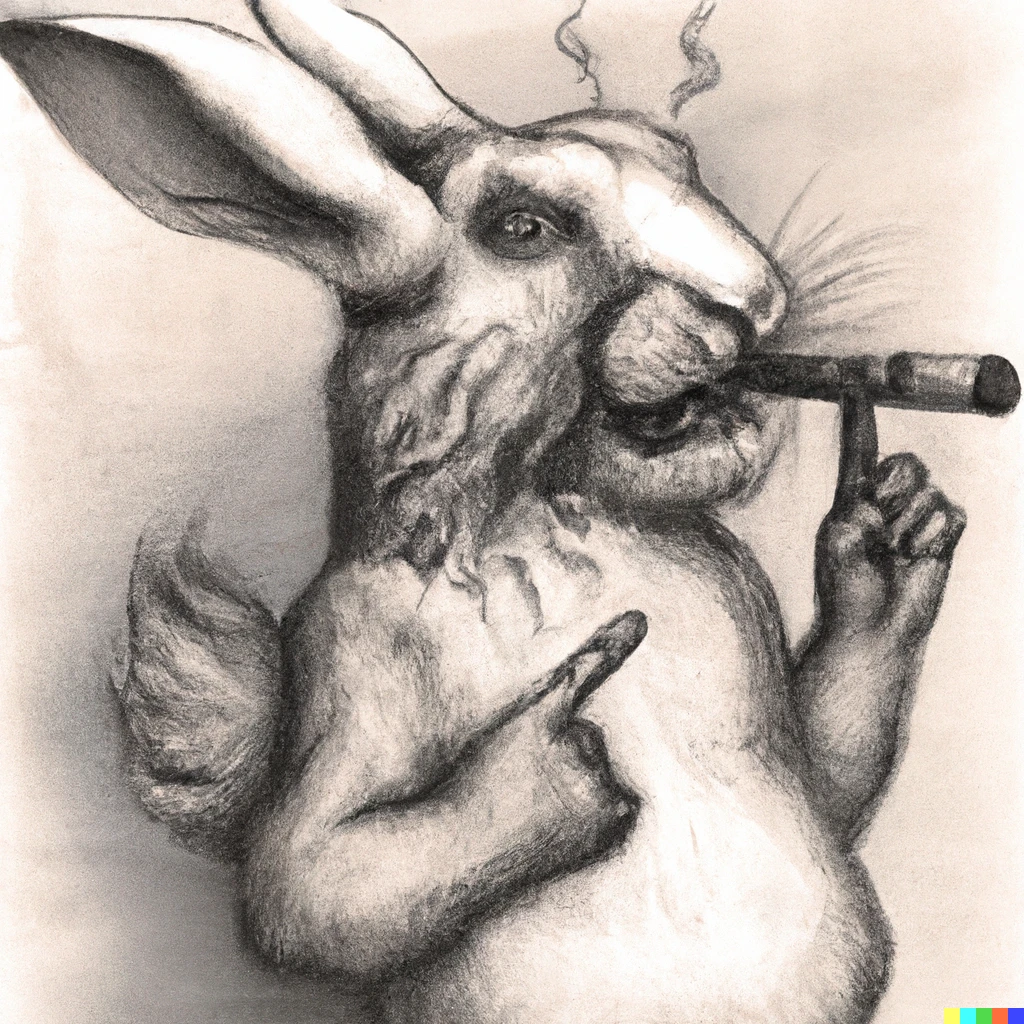 Prompt: A crazy rabbit smoking a cigar by Durer 