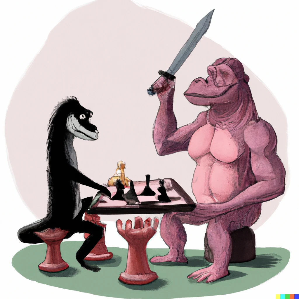 Prompt: A pink gorilla playing chess with a black crocodile, digital art