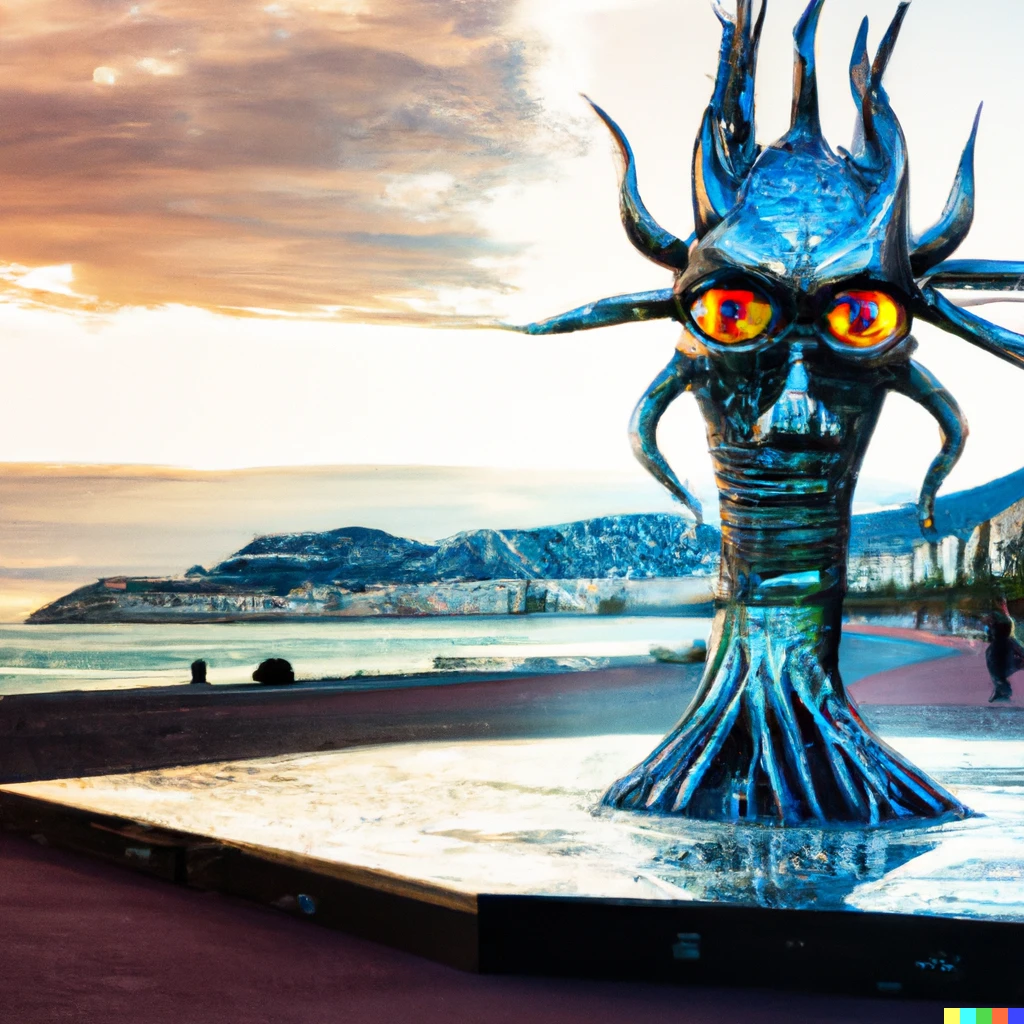 Prompt: Sauron walking on the Promenade des Anglais in Nice