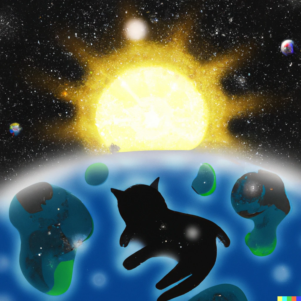 Prompt: a cat is swiming in the universe and a sun is rising from the edge of the earth