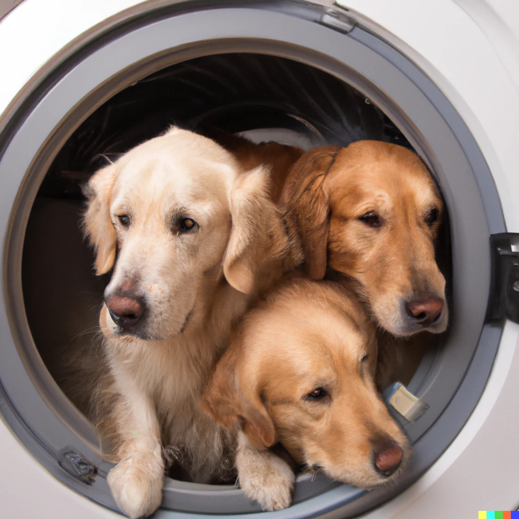 Prompt: Photograph of three golden retrievers trapped in a drum-type washing machine. The lid of the washing machine is closed.