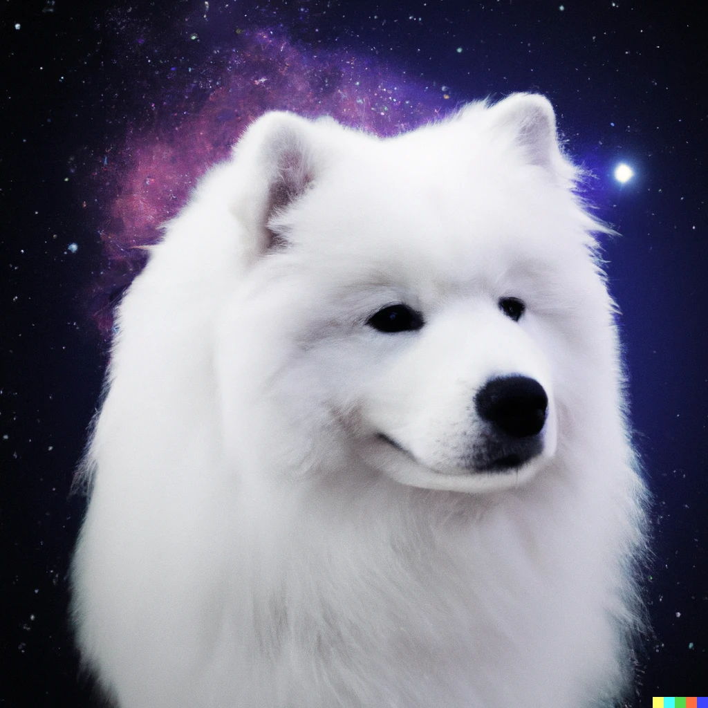 Prompt: Photo of a Samoyeds, the background is beautiful outer space.