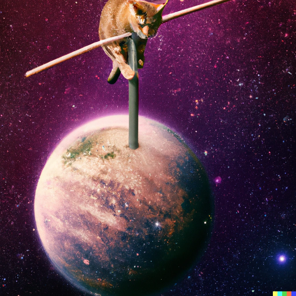 Prompt: A giant cat is playing pole on a planet. The background is outer space. Photo.