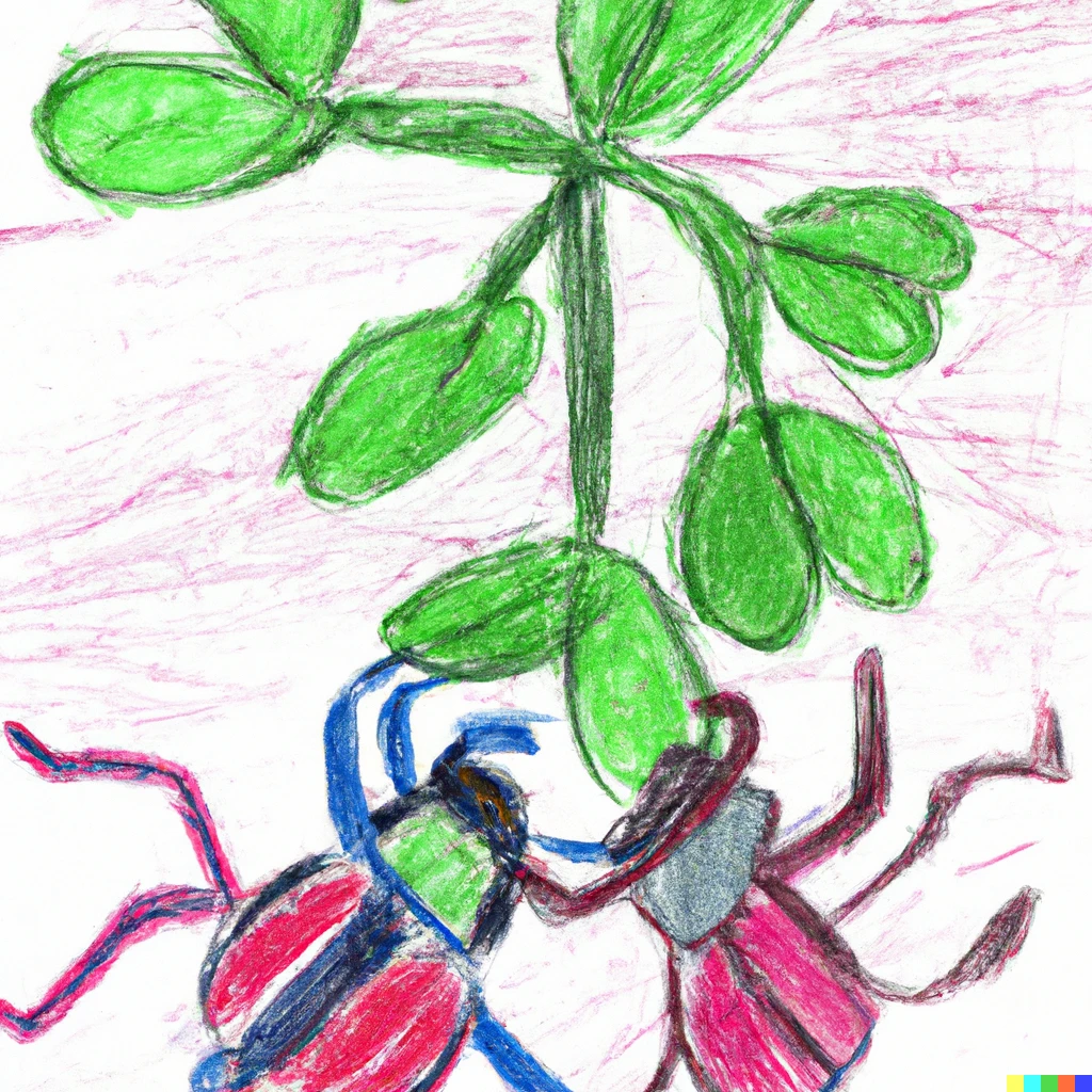 Prompt: Beetles arm wrestling under the mistletoe, crayon drawing