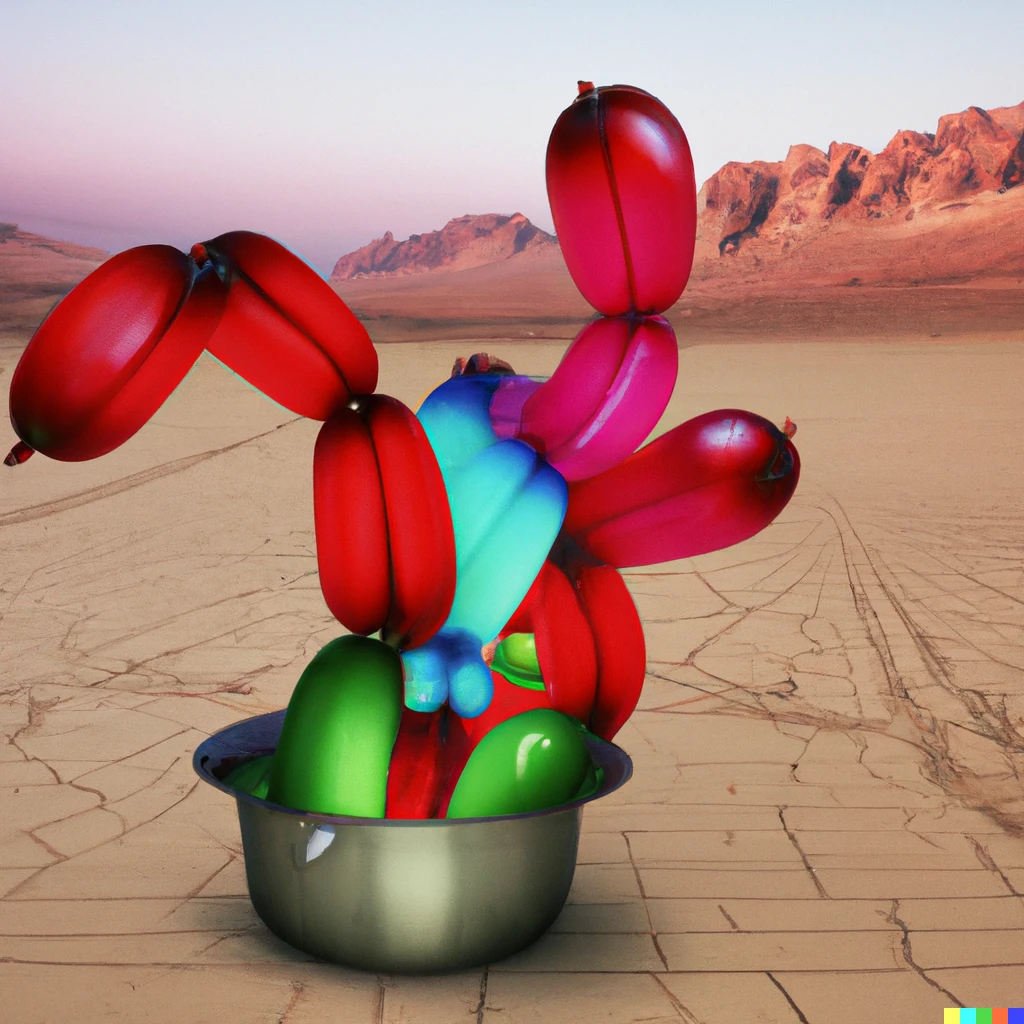 Prompt: Abstract art of balloon animals sitting in a bowl of water in the desert