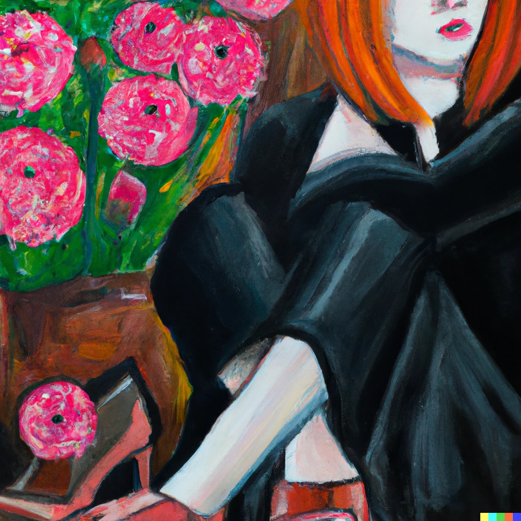 Prompt: Cubist oil painting redhead girl in black looking at her boots, pink flowers in background 
