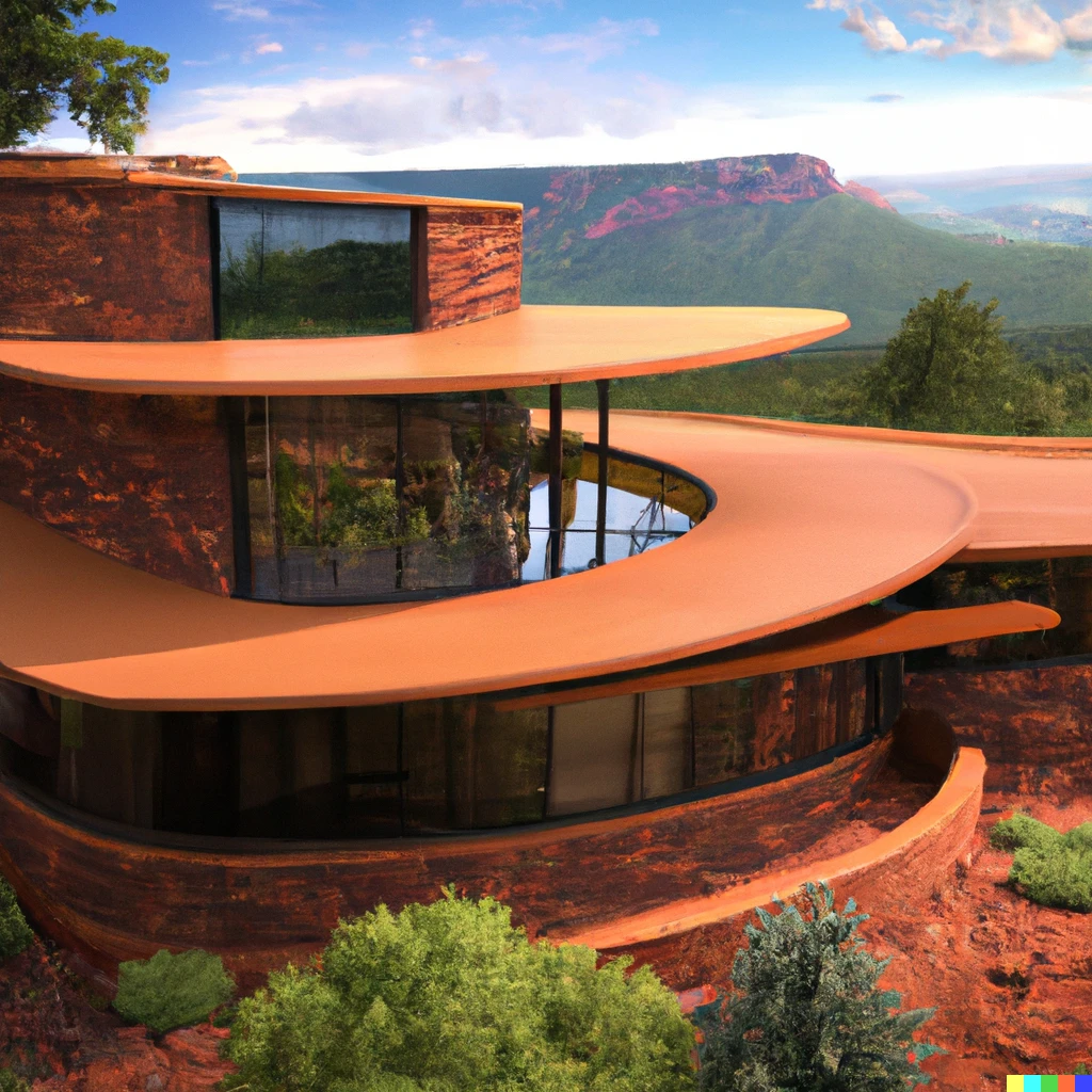 Prompt: picture of Frank Lloyd Wright inspired modern contemporary home over looking Sedona, Arizona valley, digital art