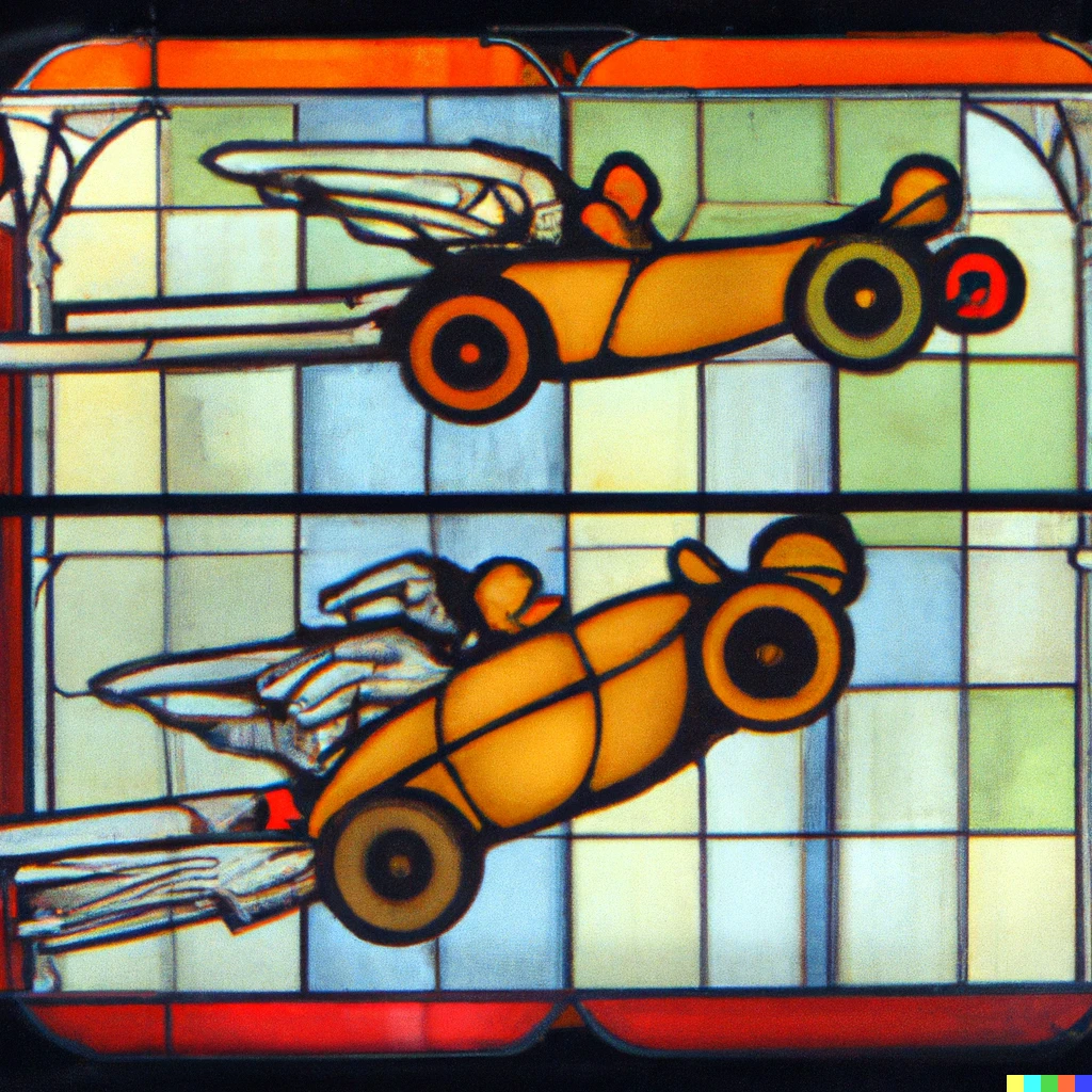 Prompt: seventeenth century stained glass window depicting flying cars