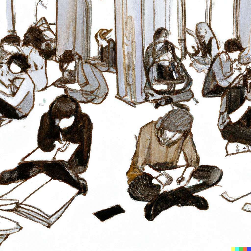 Prompt: A room full of people sketching each other 