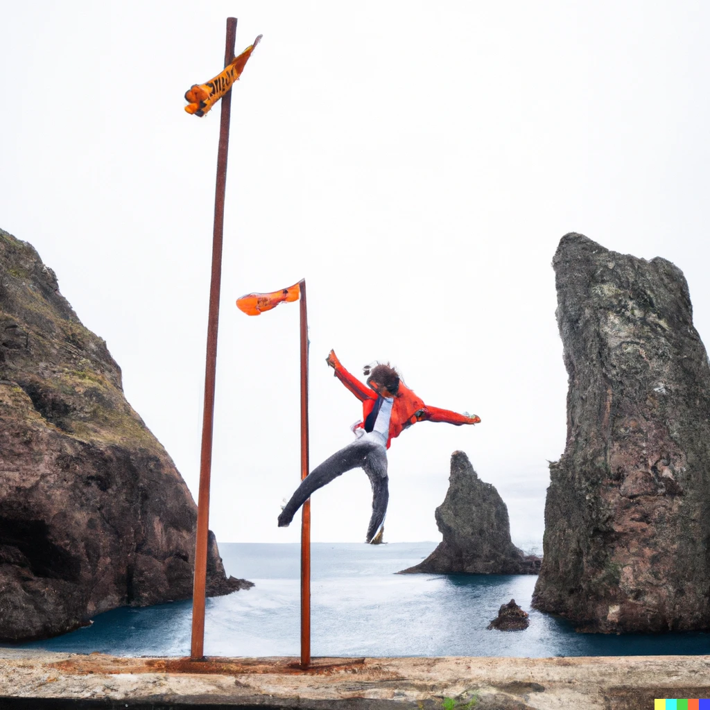 Prompt: korea famous thing stand in dokdo island, red hair court man flying kick on middle of that