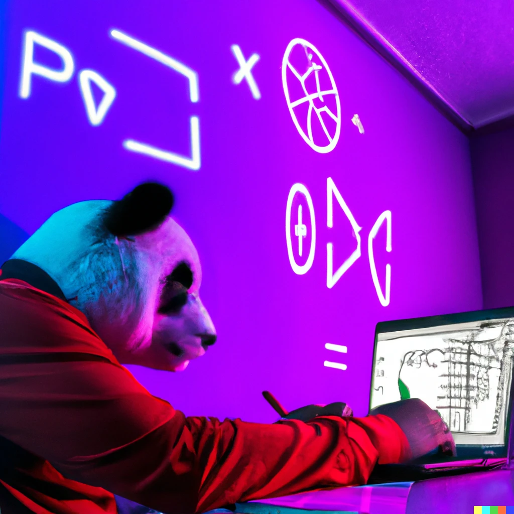 Prompt: a black panda  working with a white laptop, wearing a dark red t-shirt, in a colorful neon-lit hall, mathematical equations written in the wall