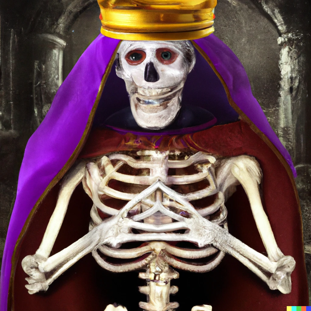 Prompt: Skeletor as phantom of the opera, wearing a burger king crown