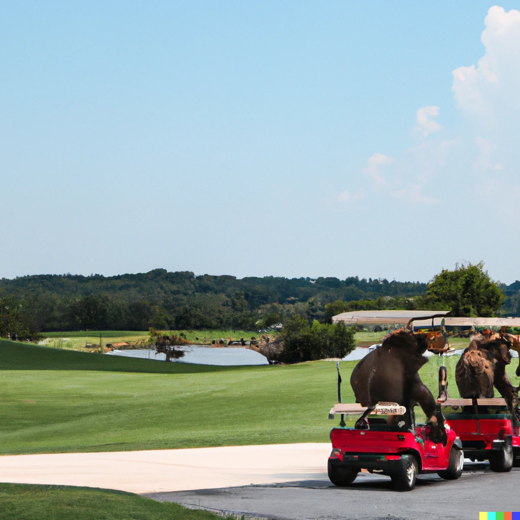 Prompt: Elephants driving golf carts, nature photography