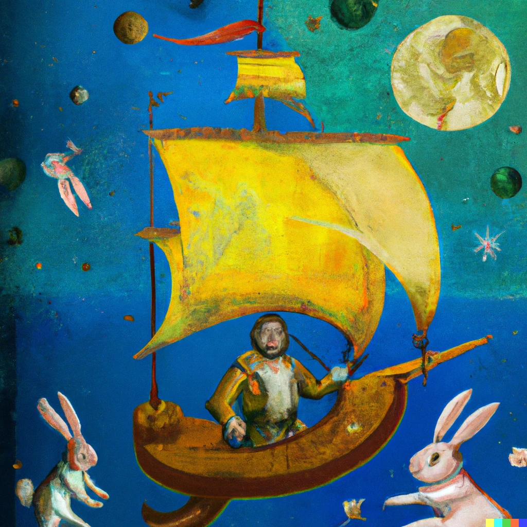 Prompt: A painting of a sailboat rubens style on the moon, with rockets, with killer rabbits and a space man