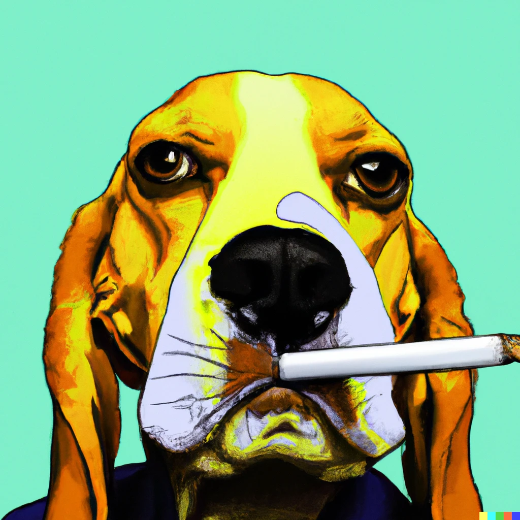 Prompt: A pop art  portrait of a beagle smoking a huge cigarette with a human face at the end