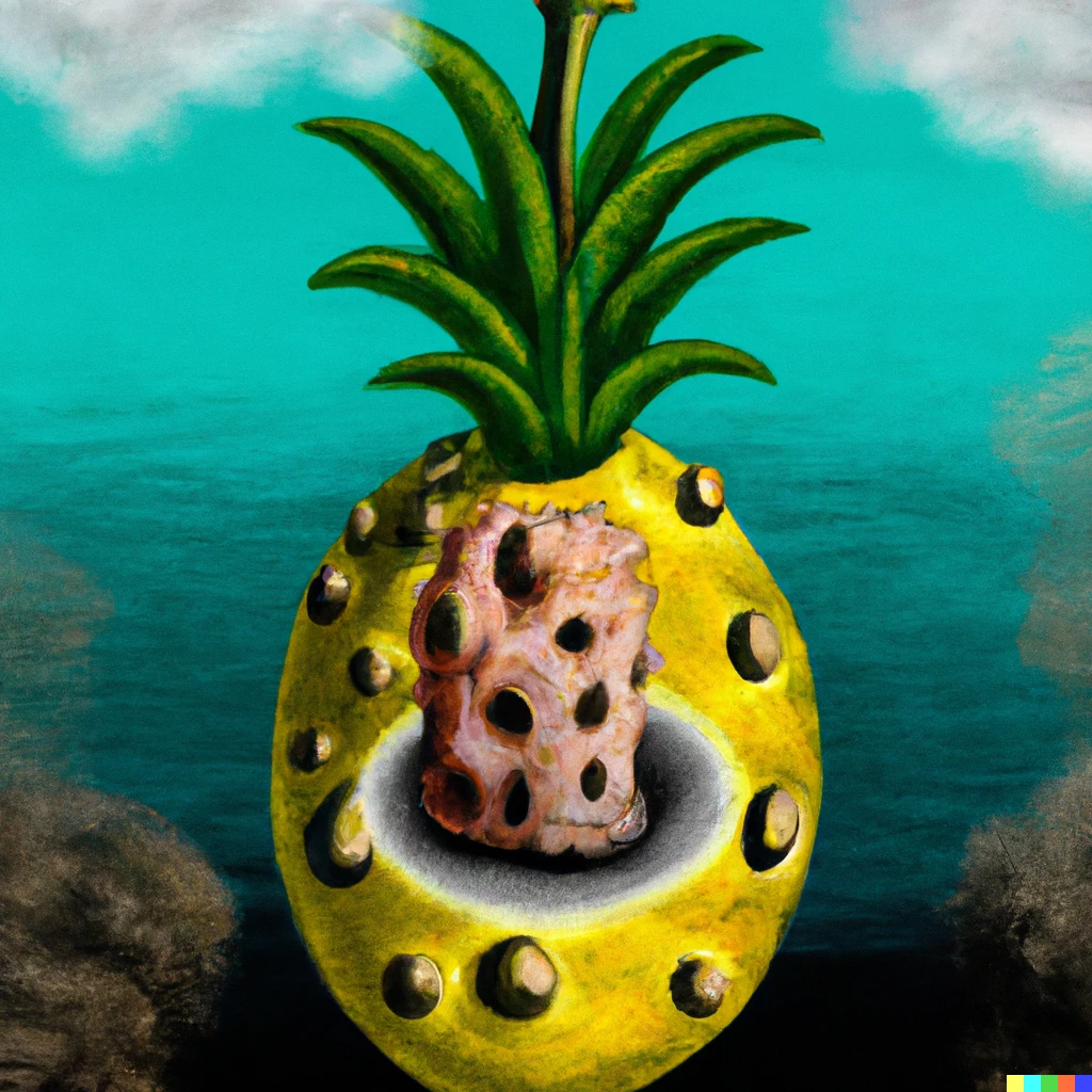Prompt: A Salvador Dali style painting of a sponge living in a pineapple under the sea 