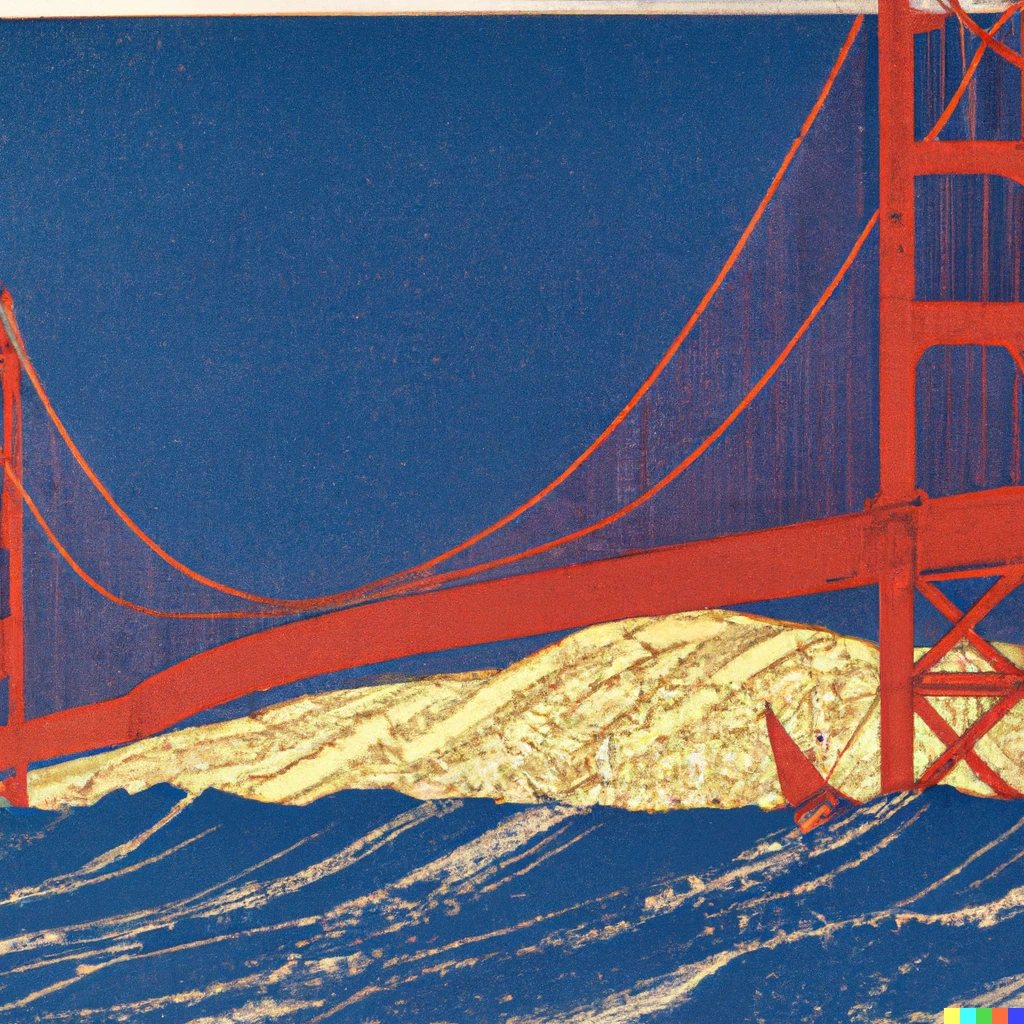 Prompt: A Japanese woodblock print by Hiroshige of the Golden Gate Bridge