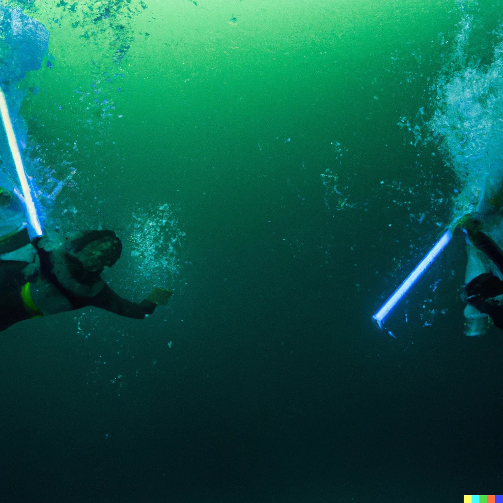 Prompt: light saber fight underwater