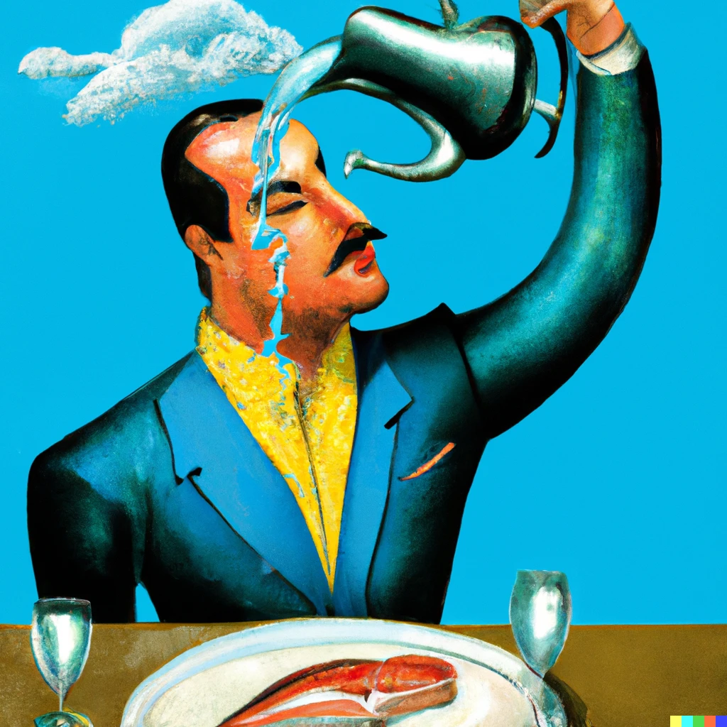 Prompt: A man with slicked back hair pouring water on a steak in the style of Salvador Dali. 