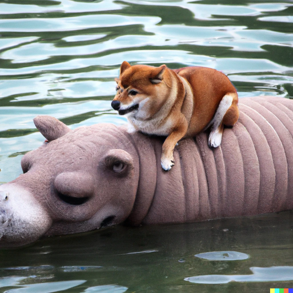 Prompt: a shiba inu dog riding a hippopotamus, photo