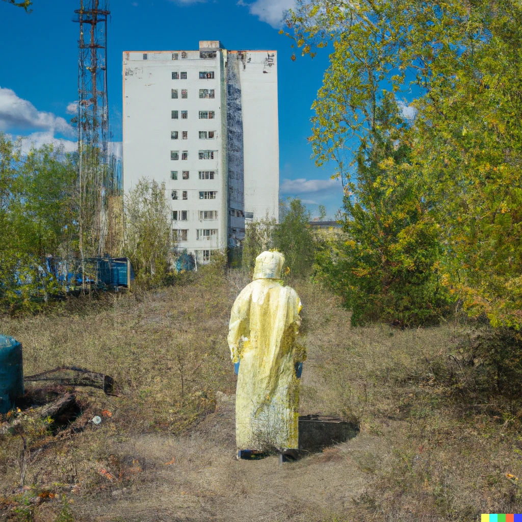 Prompt: A person wearing a hazmat suit in the town of Prypiat