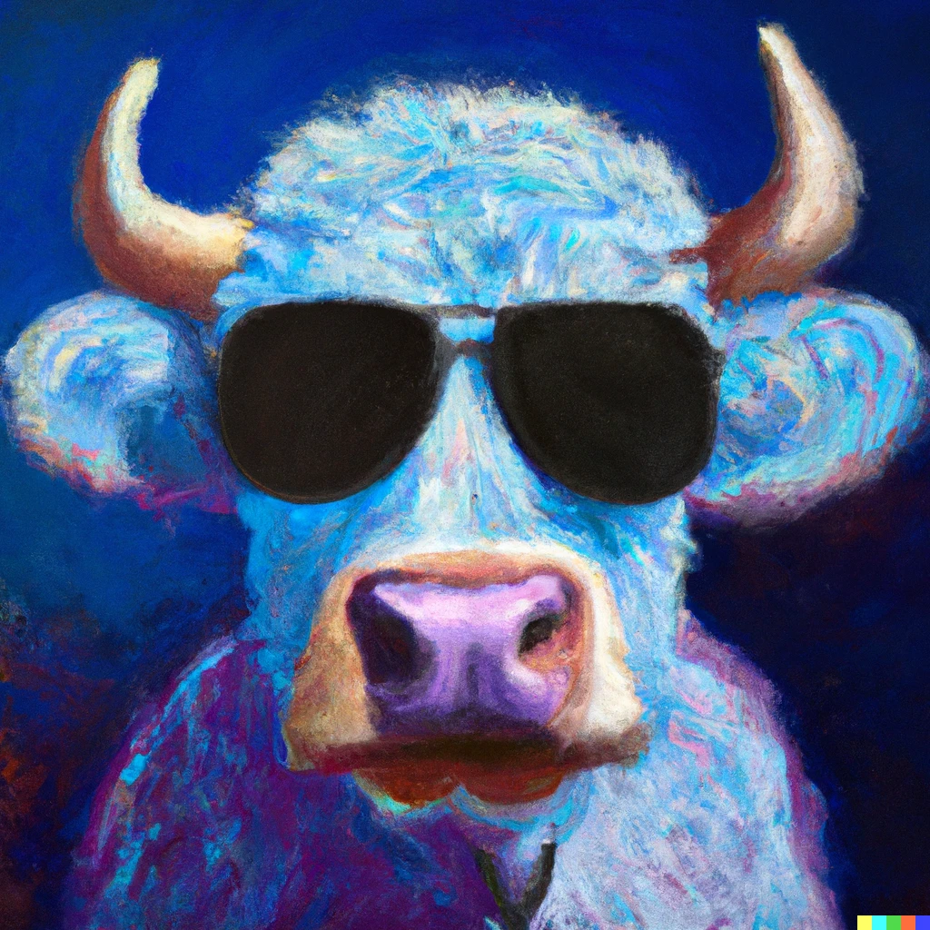 Prompt: a synthwave wooly cow with sunglasses, oil painting