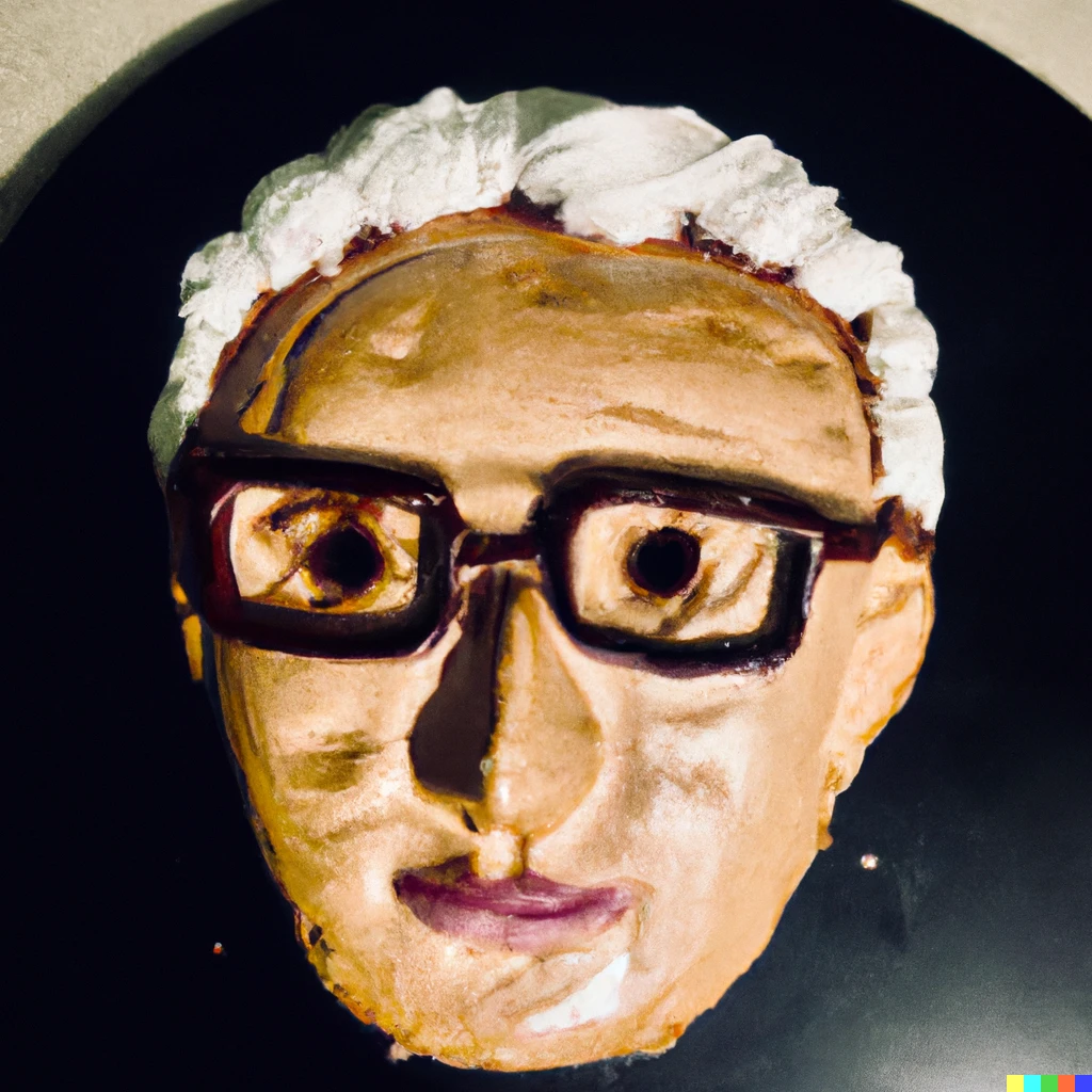 Prompt: Hyper realistic photo of a cake in the shape of Ben Ramsey’s head