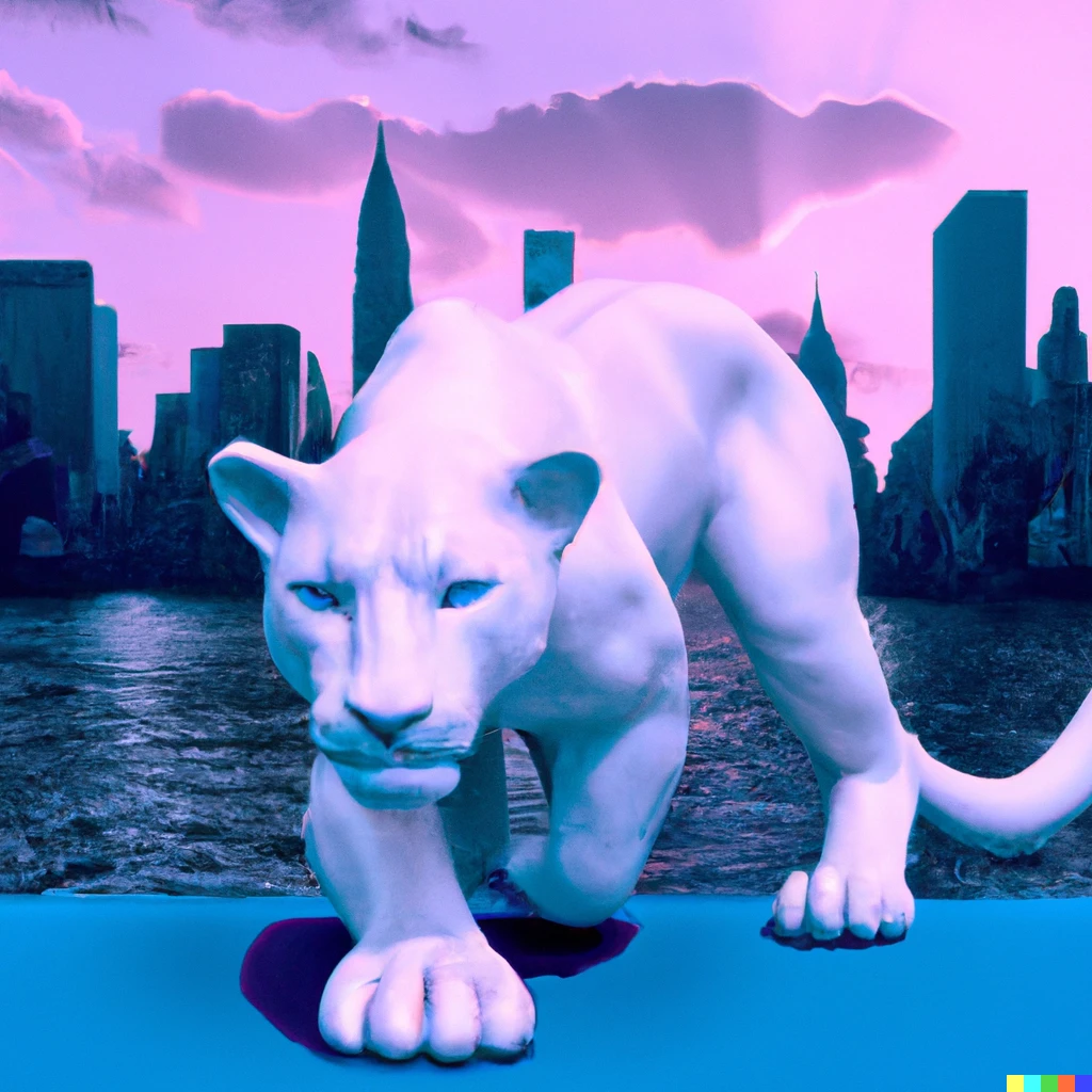 Prompt: White porcelain panther sculpture in a blue river of sapphires and a pink city skyline digital art