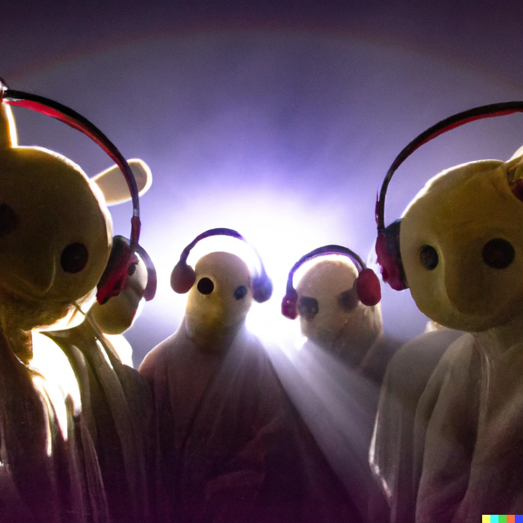 Prompt: Cursed teletubbies wearing a Panasonic FM Stereo Headset RF-60, professional photography wideangle cinematic dramatic lighting, divine holy light comes down shining through the teletubbies, vintage ethereal lights