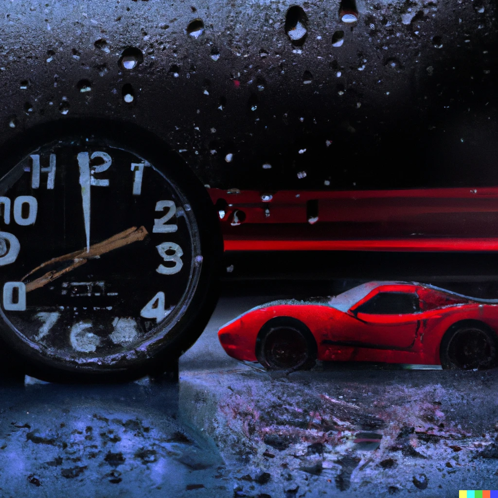 Prompt: A clock chasing a ferrari on a rainy day at night real photograph | 496