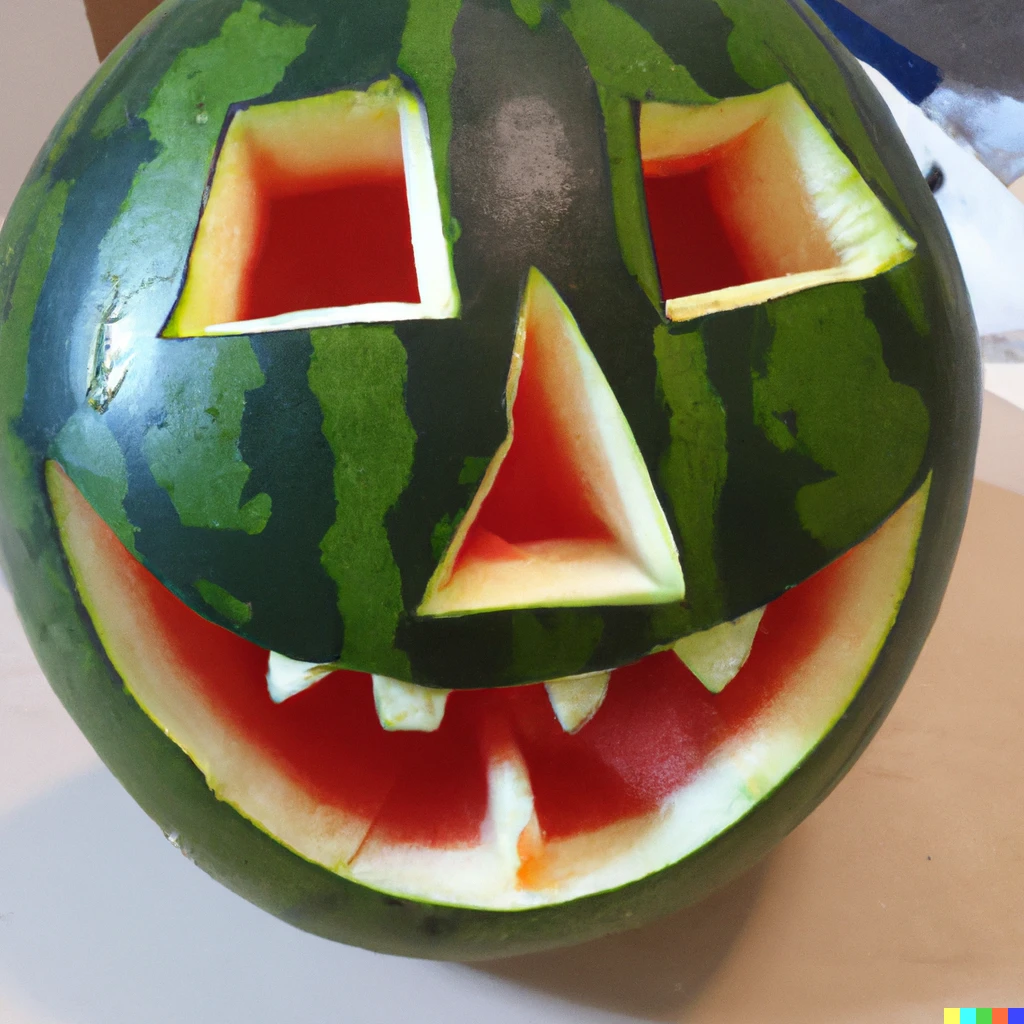 Prompt: jack o lantern that is made of watermelon