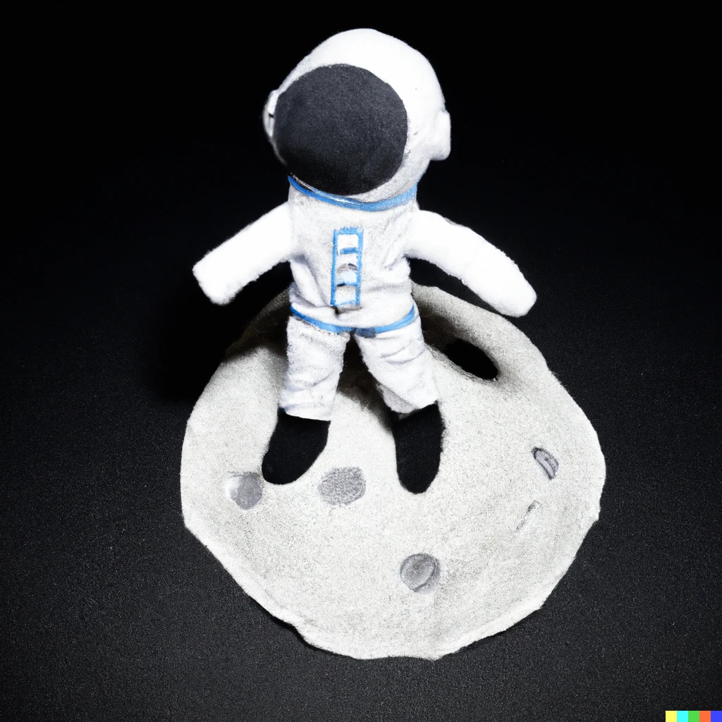 Prompt: A child's homemade model of an astronaut standing on the moon against a black starry background