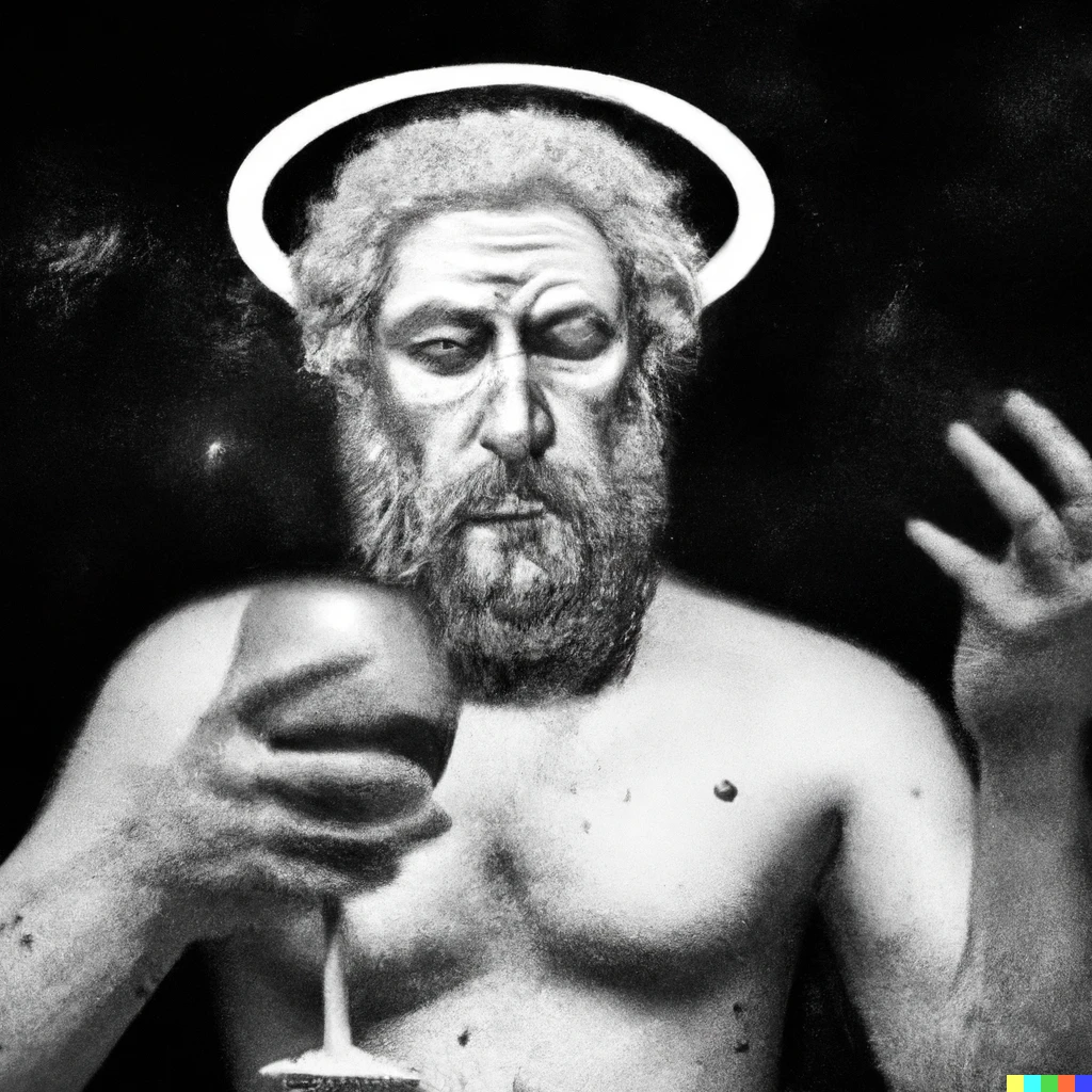 Prompt: A black and white photo of a drunk god on the day he created the universe 