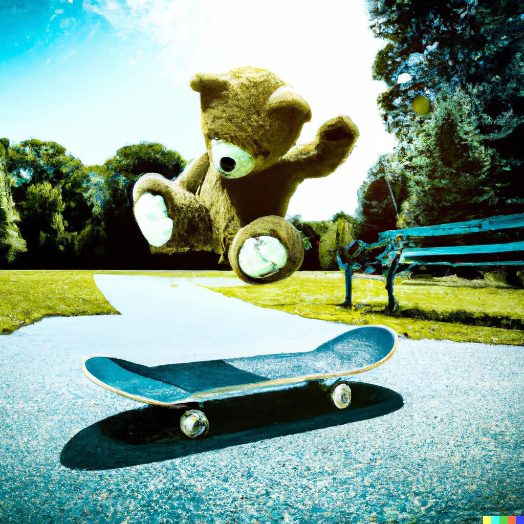 Prompt: Teddy bear landing the sickest kick-flip ever, stylized photo