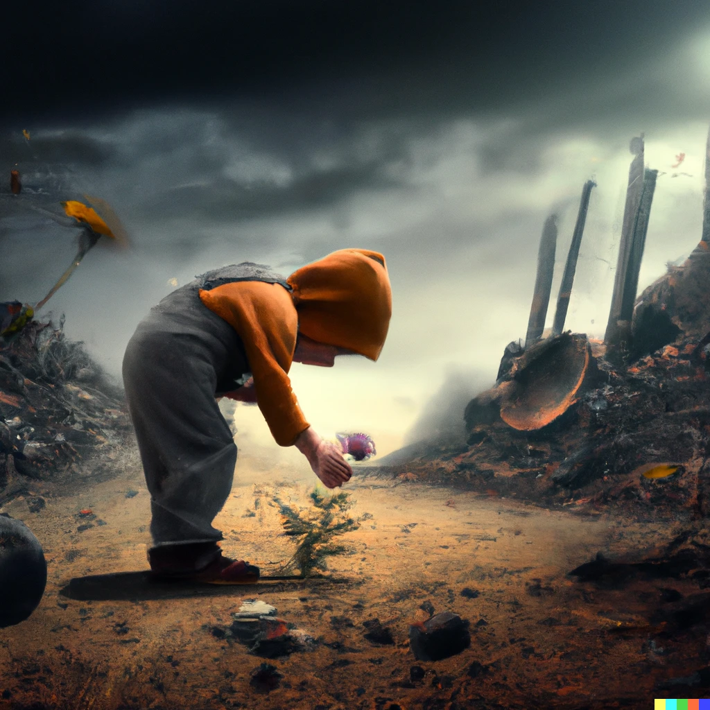 Prompt: A little boy is picking a flower in an apocalyptic world