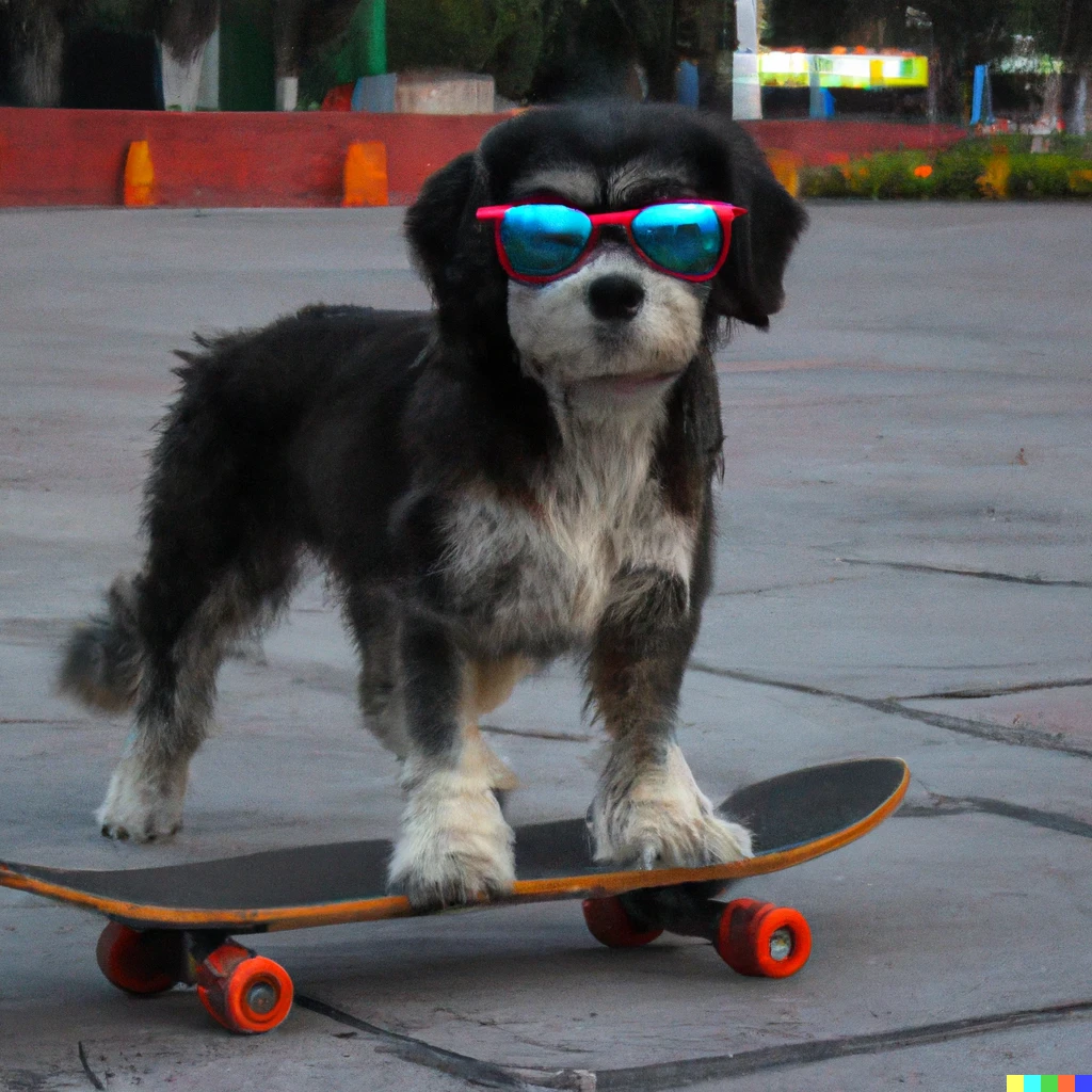 Prompt: una fotografía de un perro con gafas en patineta en la ciudad de México 
