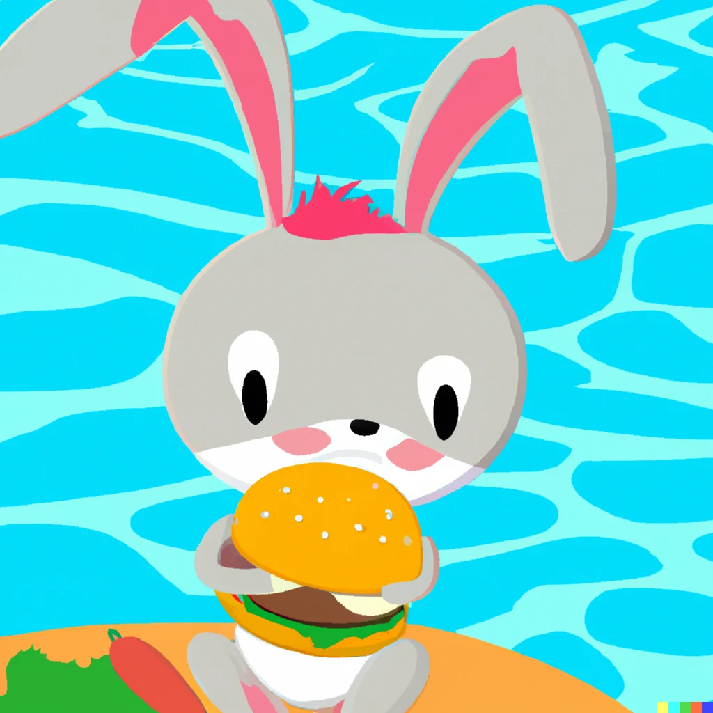Prompt: a cute cartoon bunny eating a hamburger in a pool