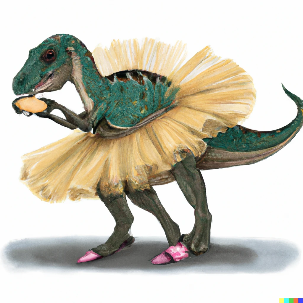 Prompt: a shy dinosaur eating a tortilla while wearing a tutu photorealistic