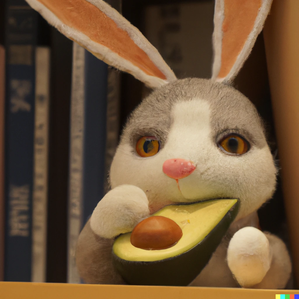 Prompt: a photo  of a cute cartoon bunny eating an avocado in a library.