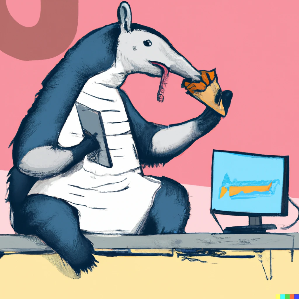 Prompt: an anteater eating an ice cream cone on top of a computer in new style graffiti  