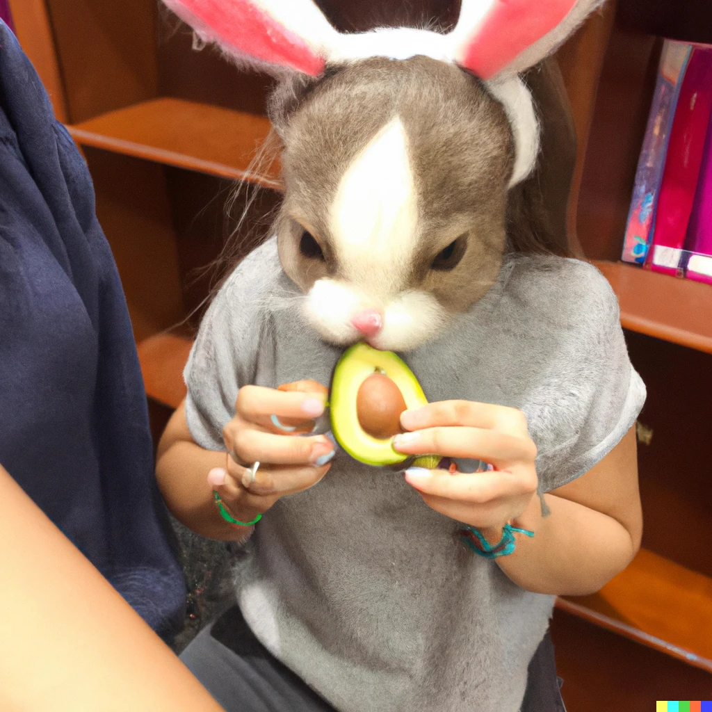 Prompt: a photo  of a cute cartoon bunny eating an avocado in a library.