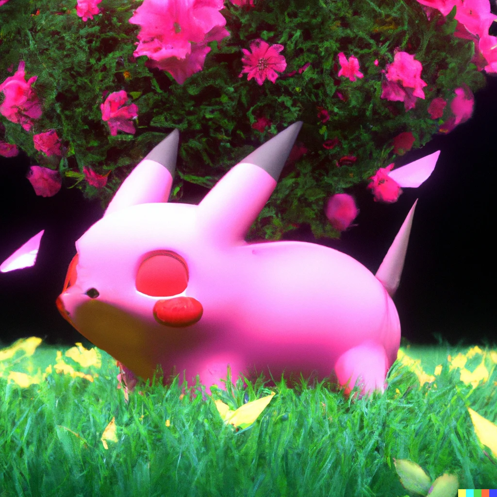 Prompt: Pink pikachu as a lawn ornament, digital art
