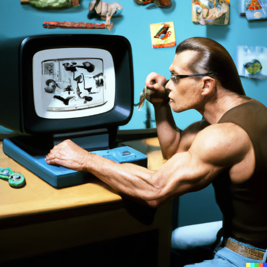 Prompt: Jean Claude van Damme researching the evolution of early video games