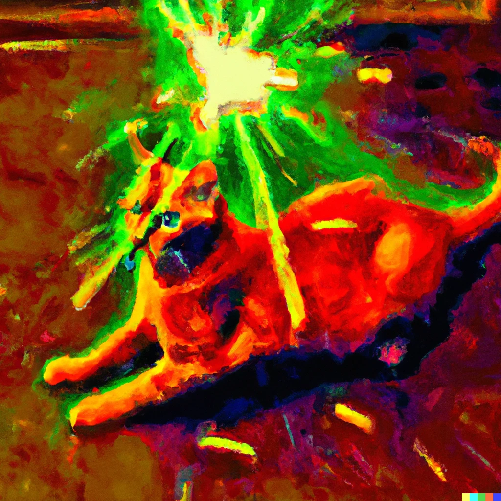 Prompt: Impressionist painting of the god of cats ultimately defeated by a mighty laser pointer
