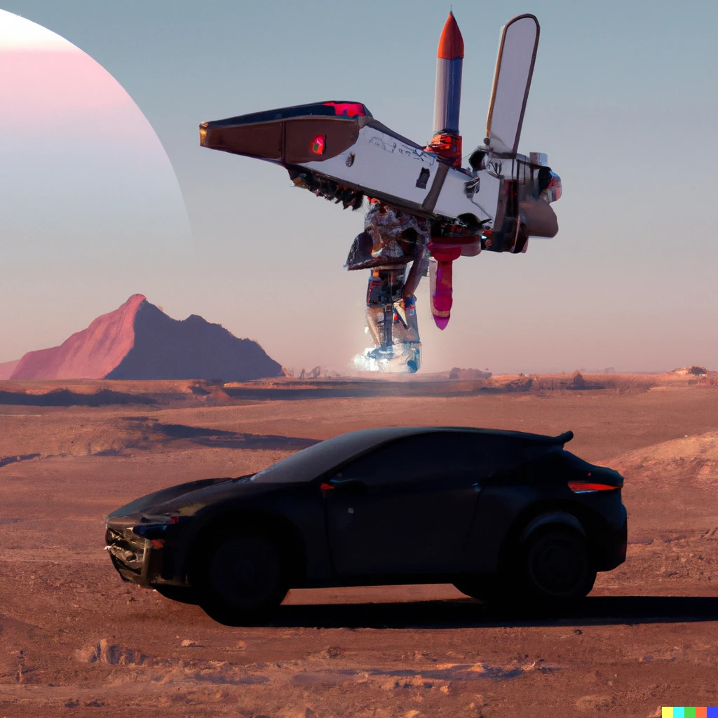 Prompt: Photorealistic astronaut flying around Mars in a tesla car rocket that looks like a transformer decepticon