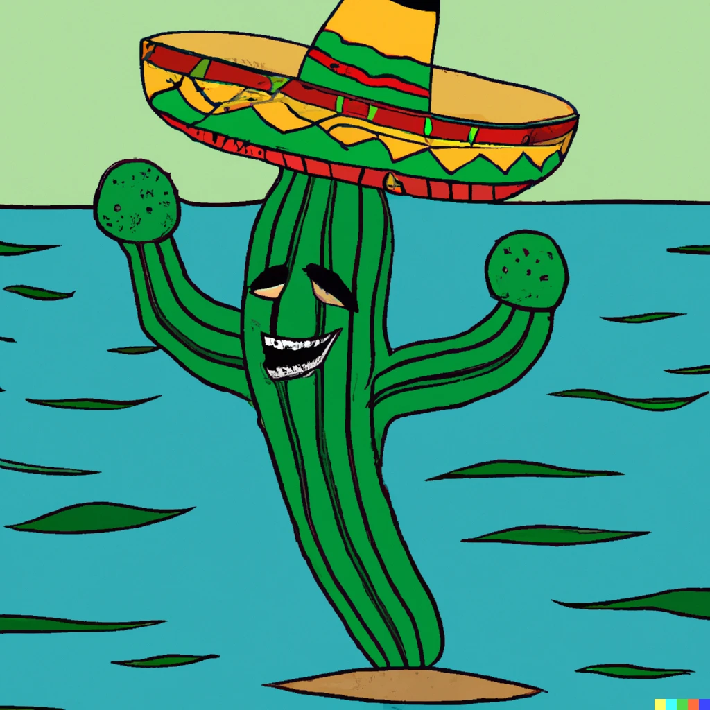Prompt: A dancing cactus wearing a sombrero under the sea