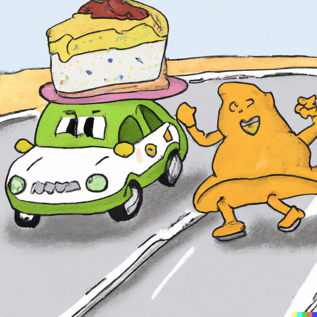 Prompt: A race between a piece of Cheesecake and a submarine sandwich on a road, cartoon 