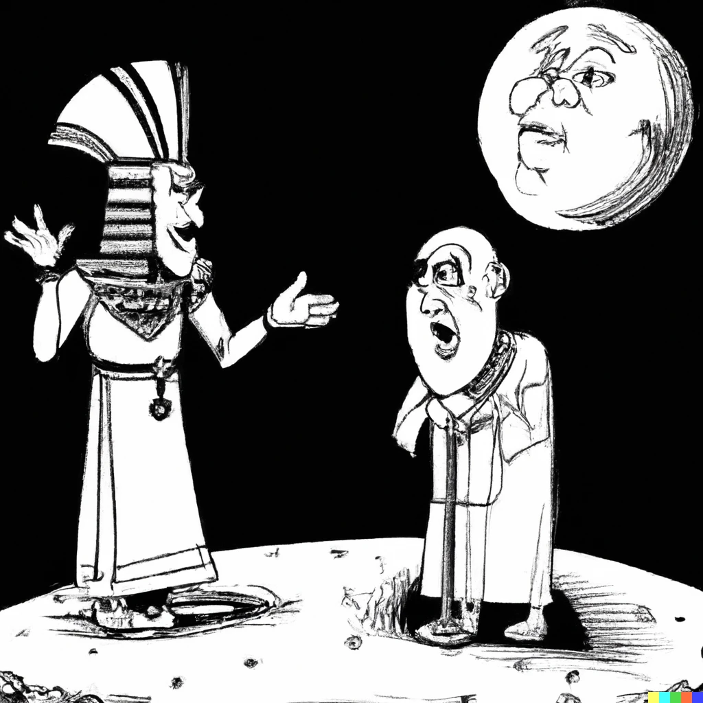 Prompt: Pharaoh and the pope arguing with a space creature on the moon
